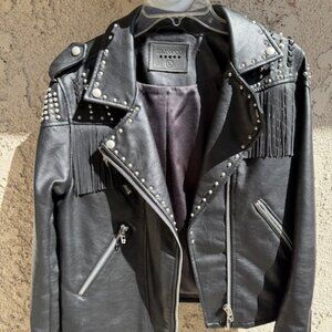 Blank NYC Black Pleather jacket with studs and fringe. Size L